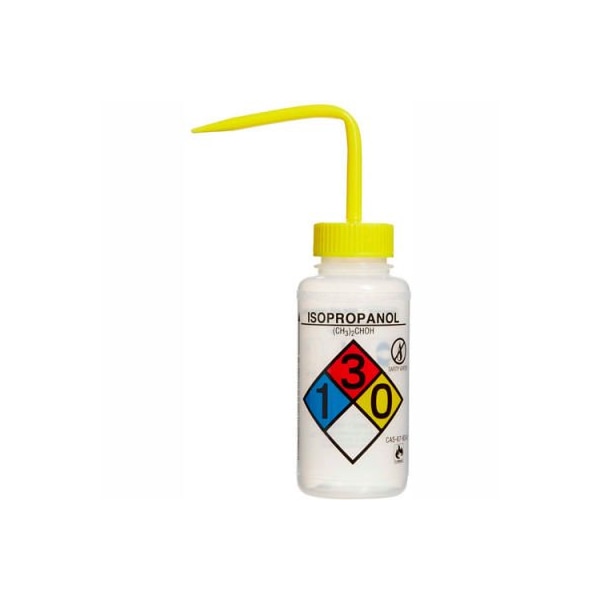 Bel-Art LDPE Wash Bottles 118080008, 250ml, Isopropanol Label, Yellow Cap, Wide Mouth, 4/PK 118080008 - main